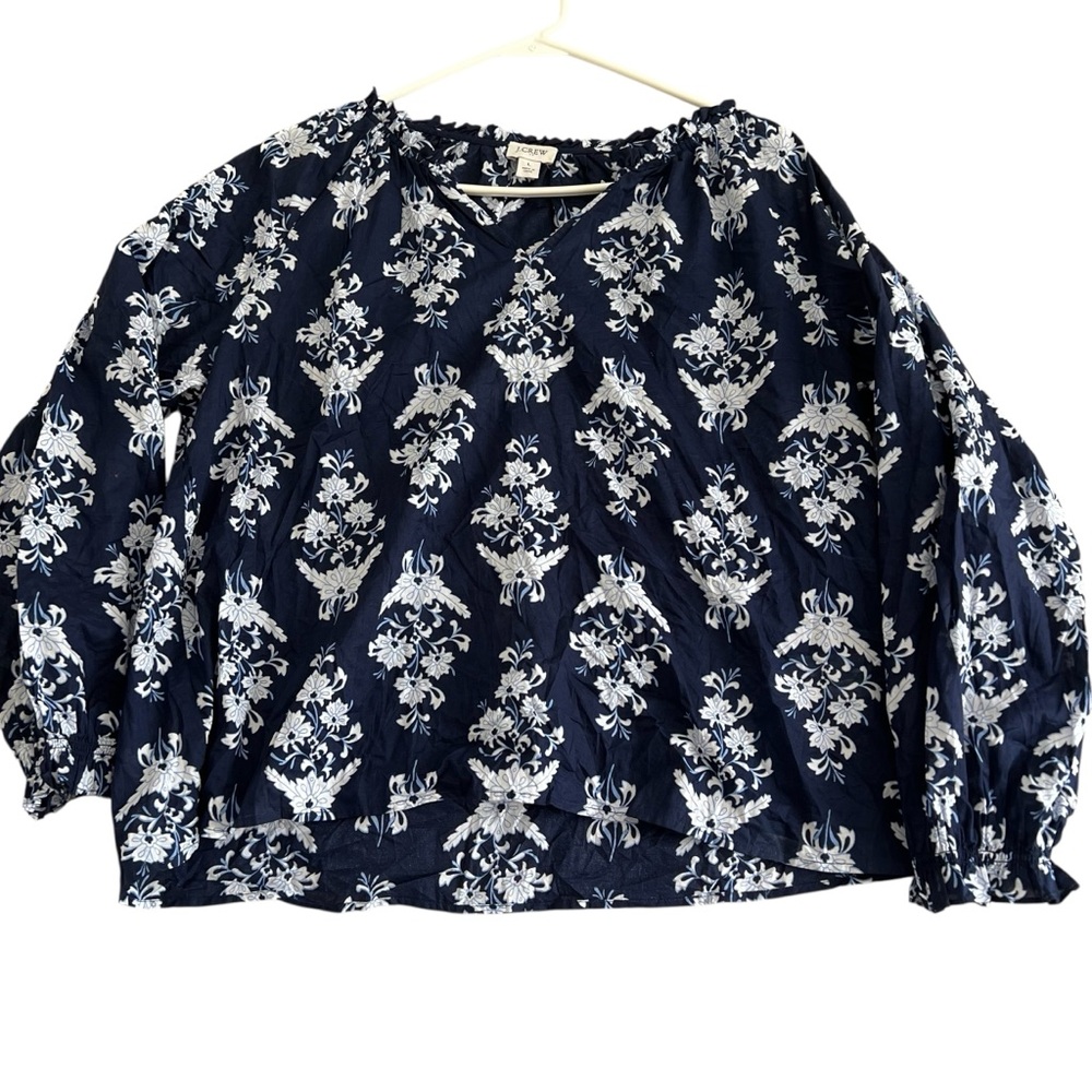 J. Crew Blouse Crop Top Women's Large Artist Floral Print Blue White 100% Cotton